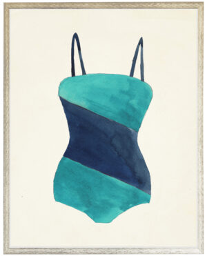 Teal and Navy Diagonal Strip Bathing Suit distressed white shadow box