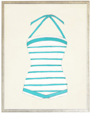 Teal and White strip Bathing Suit one piece distressed white shadow box
