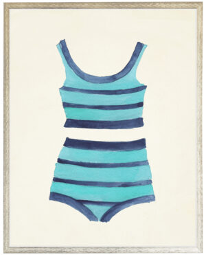 Teal with Navy strips Bathing Suite two piece distressed white shadow box
