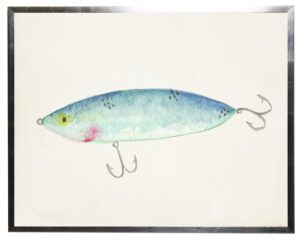 Blue fish lure with red mouth and yellow eye lure