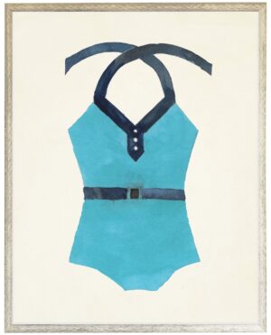 Teal with Navy belt Bathing Suite once piece distressed white shadow box
