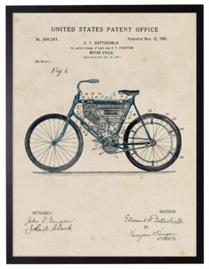 Watercolor blue vintage Indian motorcycle patent
