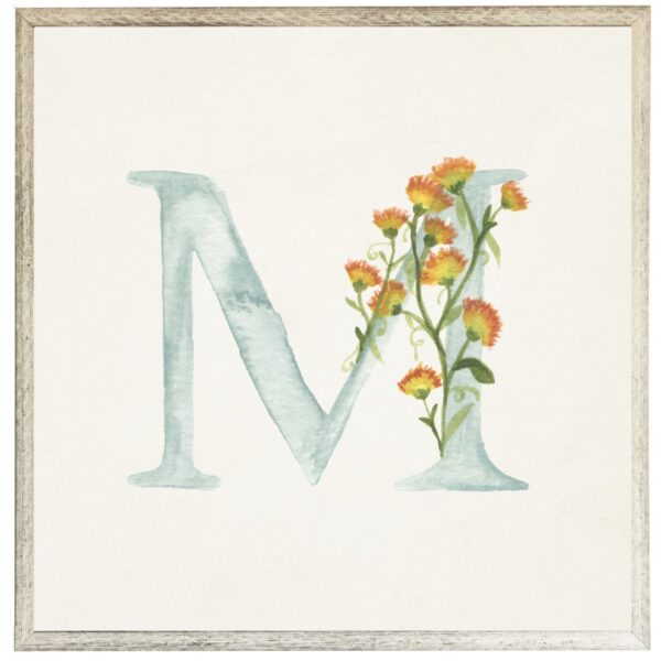 Blue letter M with floral accents