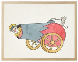 Watercolor circus clown in a cannon