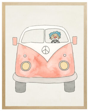 Watercolor Circus peace van with a clown driver
