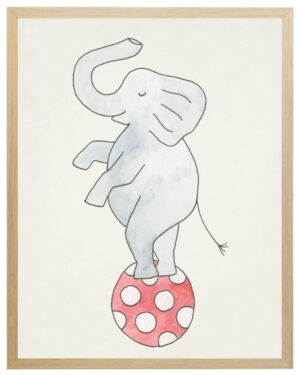 Watercolor circus elephant on polka dotted ball