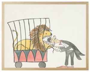 Watercolor circus lion and lion tamer
