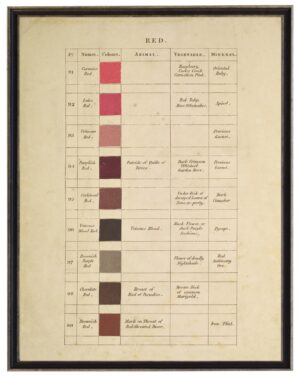 Vintage descriptive handwritten color chart of reds