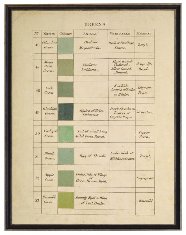 Vintage descriptive handwritten color chart of greens