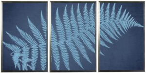 Triptych blue fern on navy distressed background