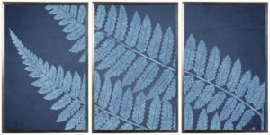Triptych blue fern on navy distressed background
