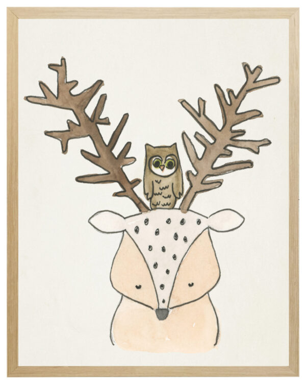 Watercolor deer with owl