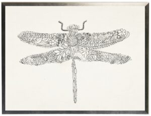 Black and white doodle dragonfly on white