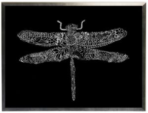 Black and white doodle dragonfly on black