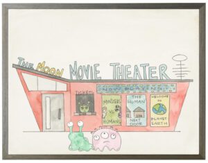 Watercolor The Moon movie theater with alien couple