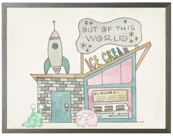 Watercolor Out of This World Ice Cream shop with aliens