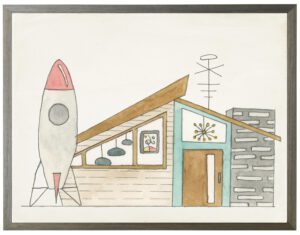 Watercolor home with rocket
