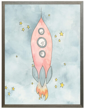 Watercolor red and blue rocket in space
