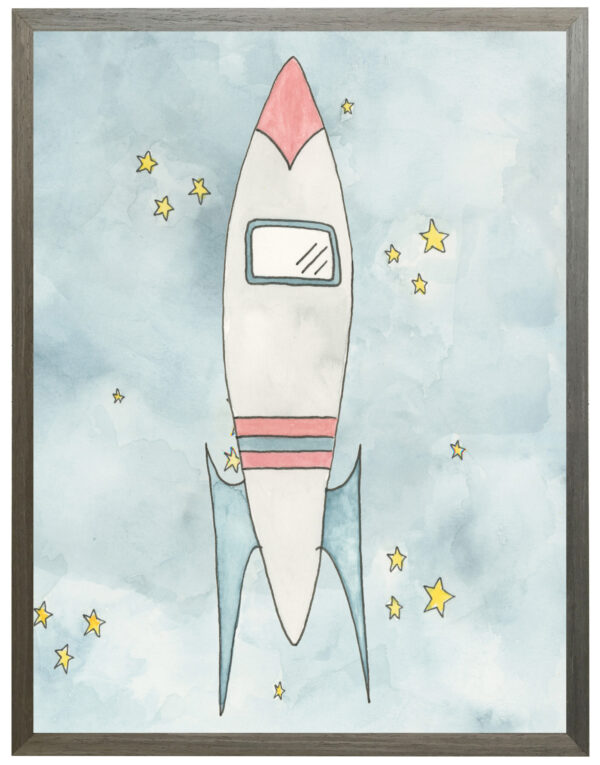 Watercolor Red white and blue rocket in space