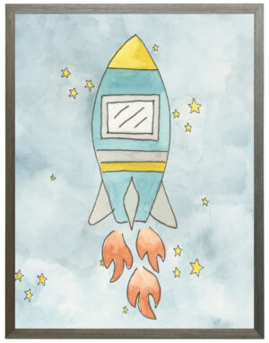 Watercolor blue and yellow rocket in space