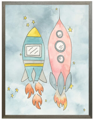 Watercolor rocket pair in space