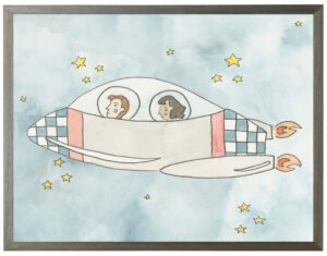 Watercolor space craft with two humans