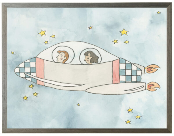 Watercolor space craft with two humans