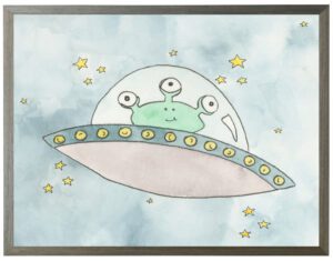 Watercolor UFO with alien