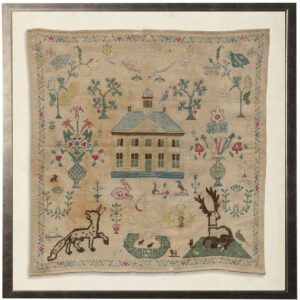 Vintage square sampler with animals and nature