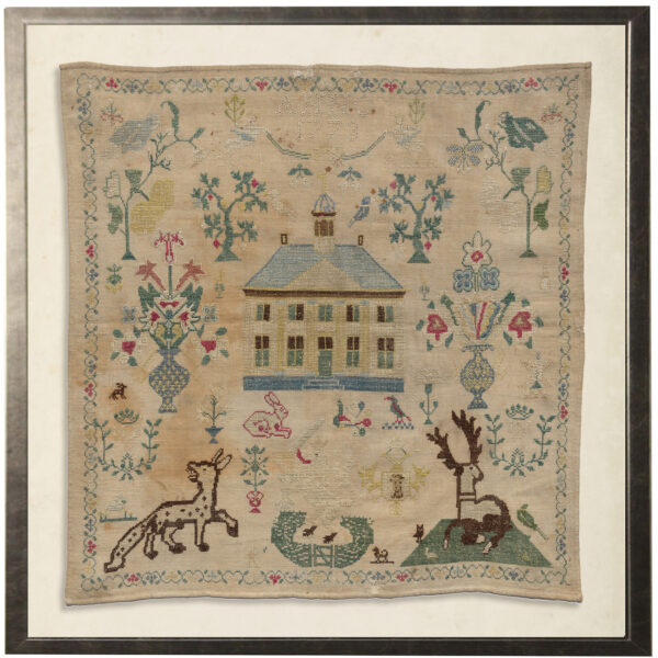 Vintage square sampler with animals and nature