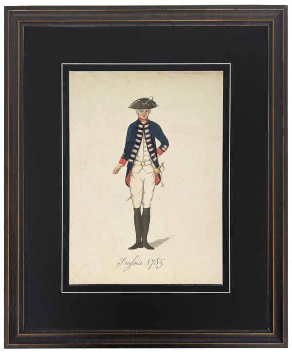 Vintage illustration of a Prussian soldier matted in black with a v-groove