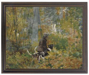 Vintage oil painting reproduction of a man and dog in the woods