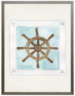 Watercolor ship's wheel with a pale blue outline on a cream background