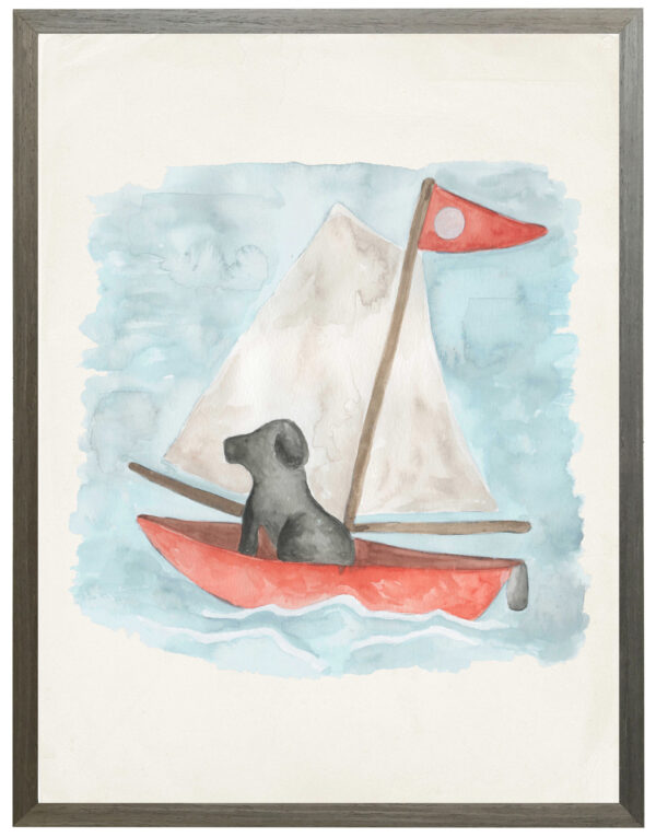 Watercolor sailboat and dog with a pale blue outline on a cream background