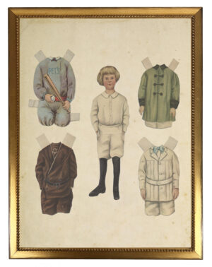 Vintage young boy paperdoll with clothes on a distressed background
