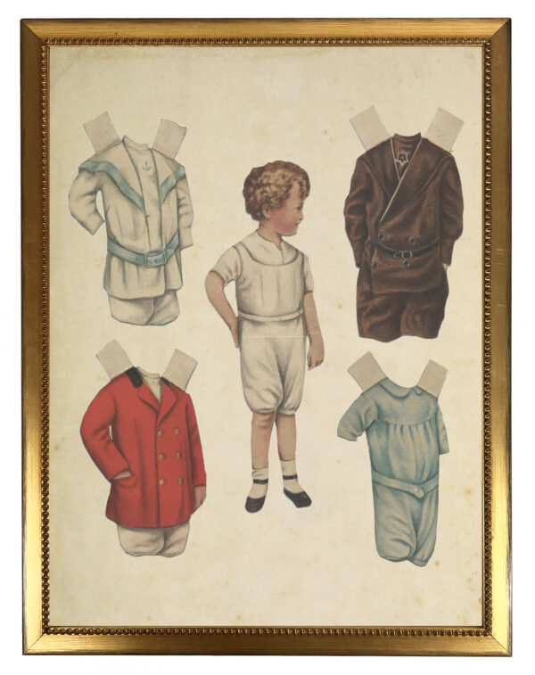 Vintage young boy paperdoll with clothes on a distressed background