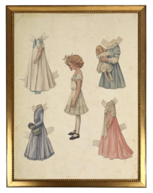 Vintage young girl paperdoll with clothes on a distressed background