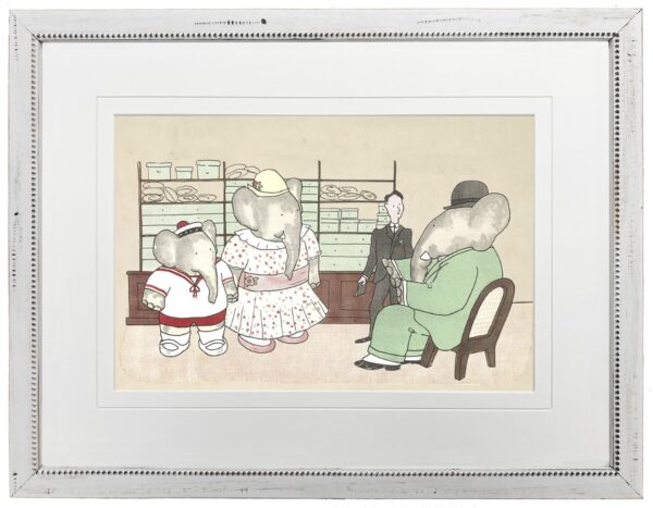 Vintage Historie de Babar illustration matted in cream with a v-groove