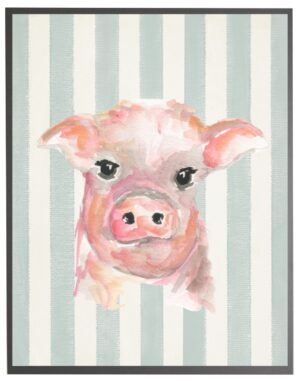 Watercolor baby pig on blue stripes