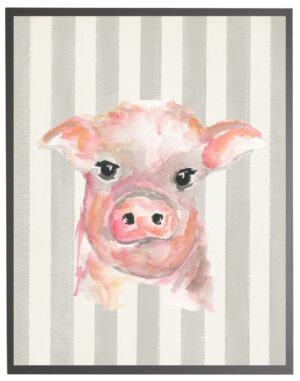 Watercolor baby pig on grey stripes