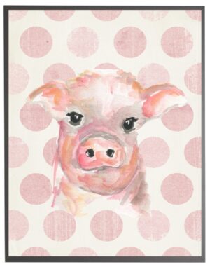 Watercolor baby pig on pink polka dots