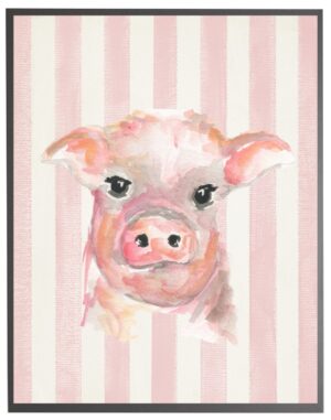 Watercolor baby pig on pink stripes