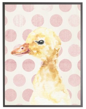 Watercolor baby duck on pink polka dots