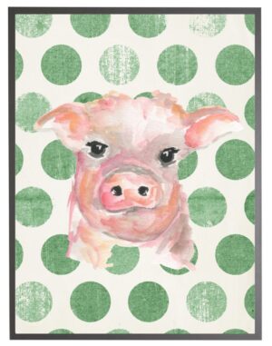 Watercolor baby pig on Green polka dots