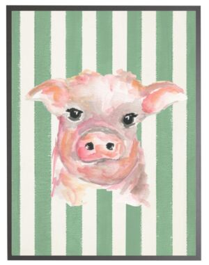 Watercolor baby pig on Green stripes