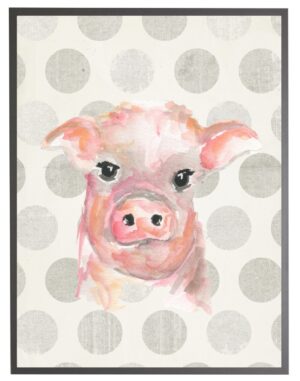 Watercolor baby pig on grey polka dots