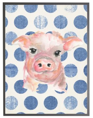 Watercolor baby pig on Navy polka dots