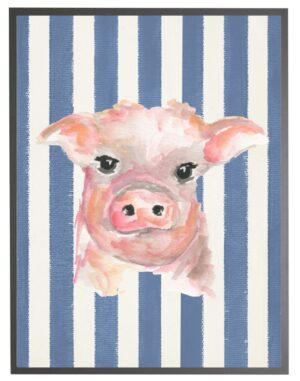 Watercolor baby pig on Navy stripes