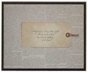 Sepia tag with C.S. Lewis Integrity quote on newsprint