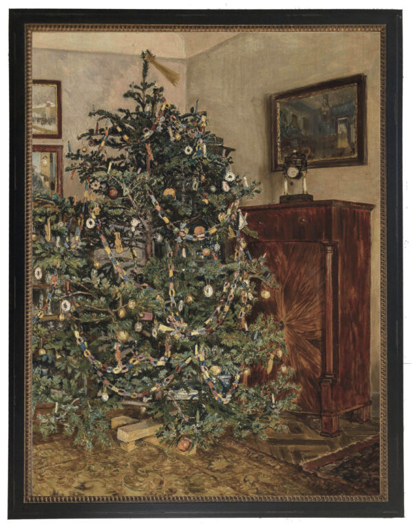 Vintage oil reprodution of a christmas tree scene
